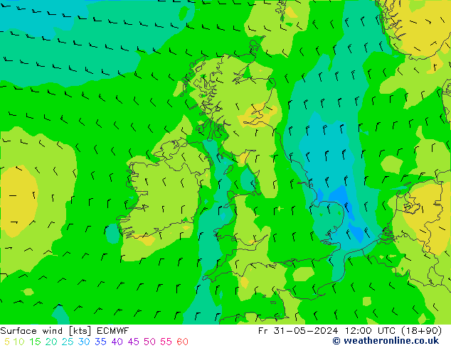 Rüzgar 10 m ECMWF Cu 31.05.2024 12 UTC