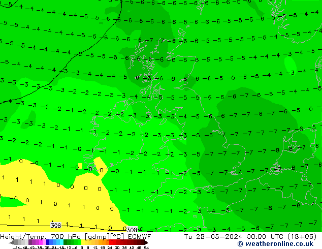 Height/Temp. 700 hPa ECMWF Tu 28.05.2024 00 UTC