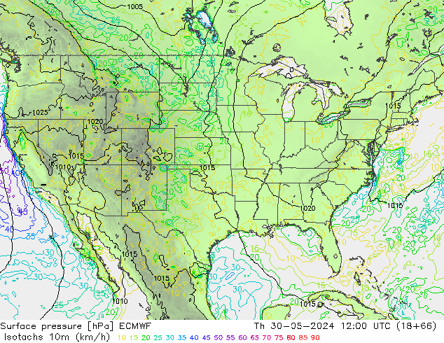 Isotachs (kph) ECMWF чт 30.05.2024 12 UTC