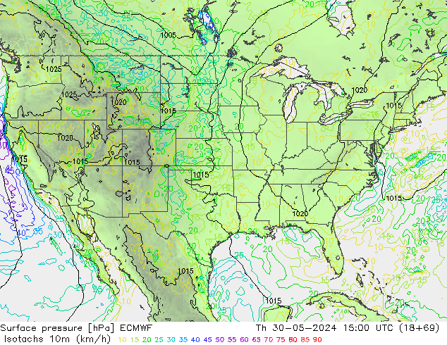 Isotachs (kph) ECMWF чт 30.05.2024 15 UTC