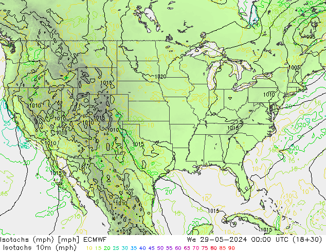 Isotachs (mph) ECMWF mer 29.05.2024 00 UTC