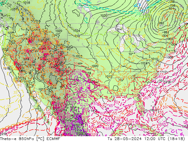 Theta-e 850hPa ECMWF Tu 28.05.2024 12 UTC