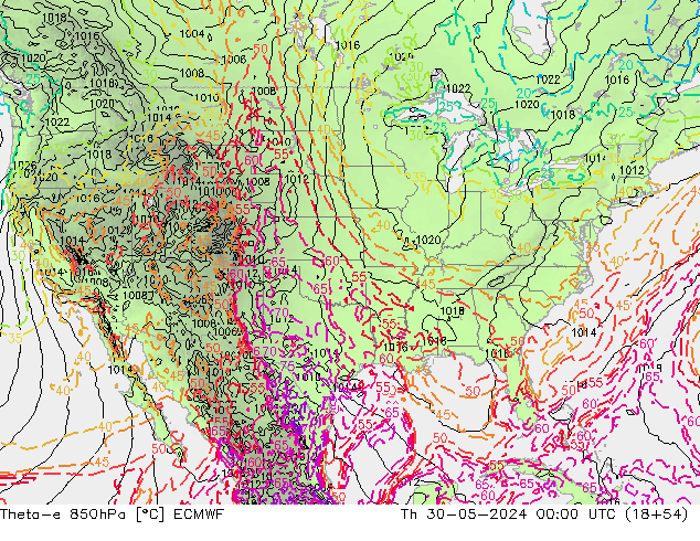 Theta-e 850hPa ECMWF czw. 30.05.2024 00 UTC