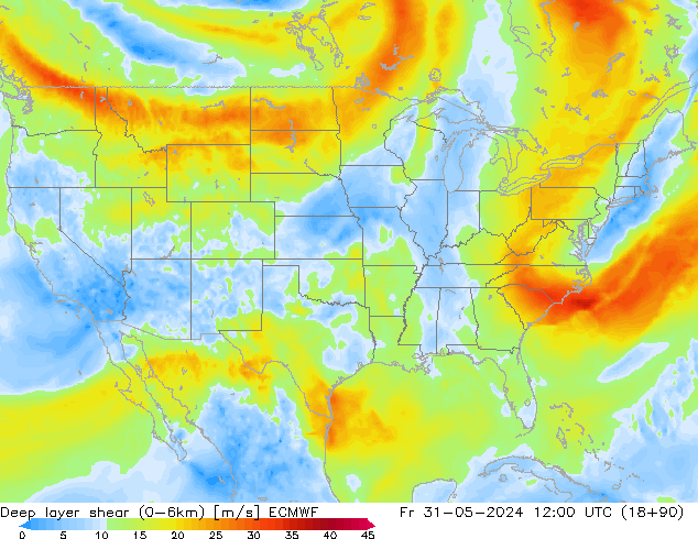 Deep layer shear (0-6km) ECMWF ven 31.05.2024 12 UTC