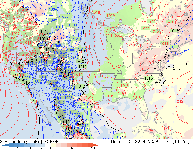 Druktendens (+/-) ECMWF do 30.05.2024 00 UTC