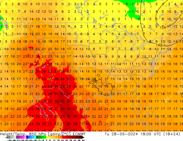 Height/Temp. 850 hPa ECMWF mar 28.05.2024 18 UTC