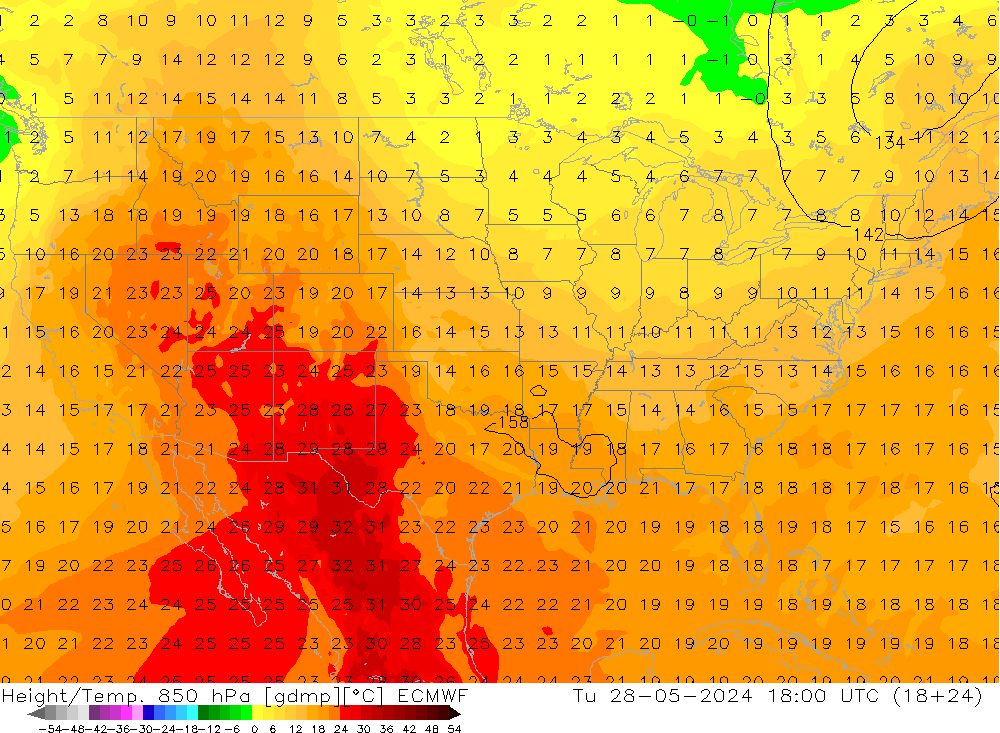 Hoogte/Temp. 850 hPa ECMWF di 28.05.2024 18 UTC