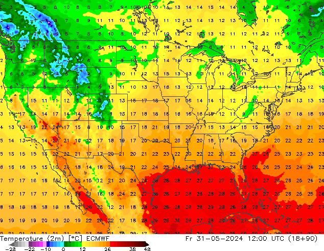 Temperature (2m) ECMWF Fr 31.05.2024 12 UTC