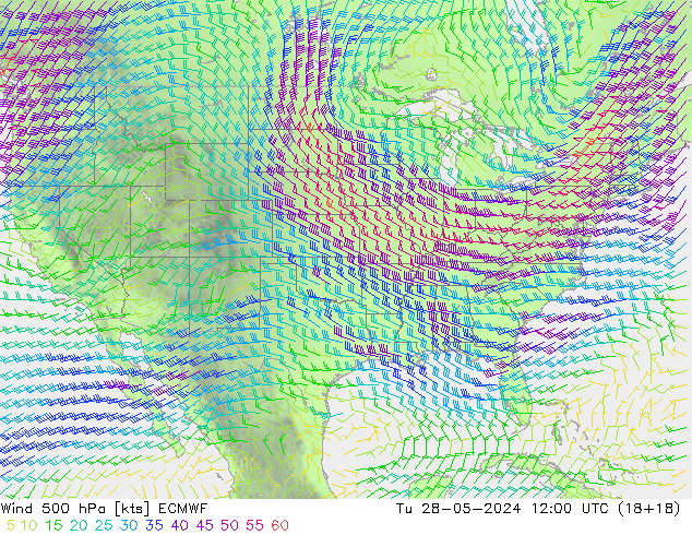 Wind 500 hPa ECMWF Út 28.05.2024 12 UTC