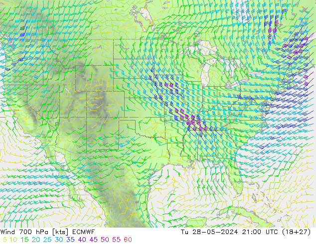 wiatr 700 hPa ECMWF wto. 28.05.2024 21 UTC