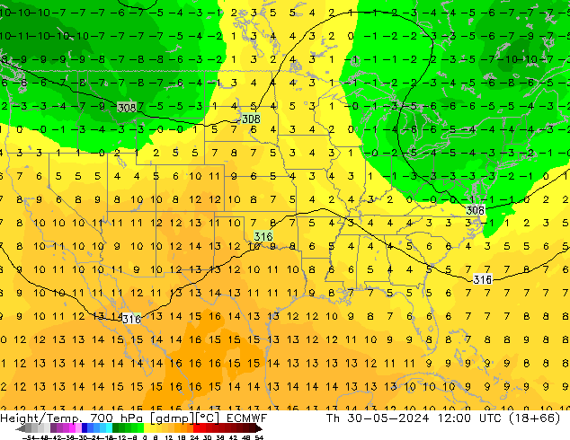 Hoogte/Temp. 700 hPa ECMWF do 30.05.2024 12 UTC