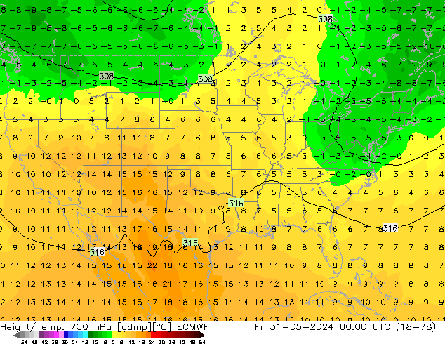 Height/Temp. 700 hPa ECMWF Pá 31.05.2024 00 UTC