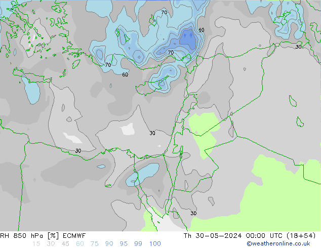 RH 850 hPa ECMWF Qui 30.05.2024 00 UTC