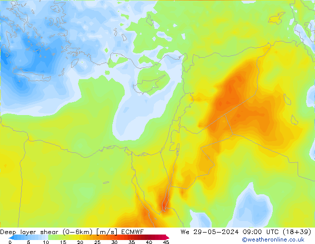 Deep layer shear (0-6km) ECMWF We 29.05.2024 09 UTC