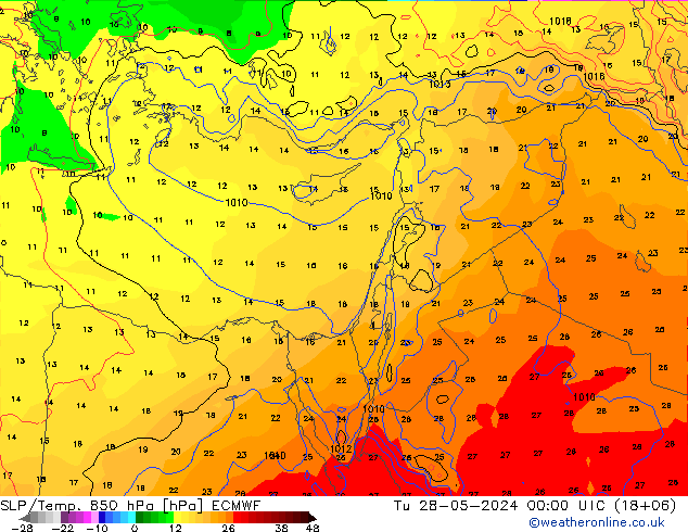 SLP/Temp. 850 hPa ECMWF wto. 28.05.2024 00 UTC