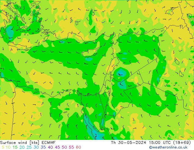 Surface wind ECMWF Čt 30.05.2024 15 UTC