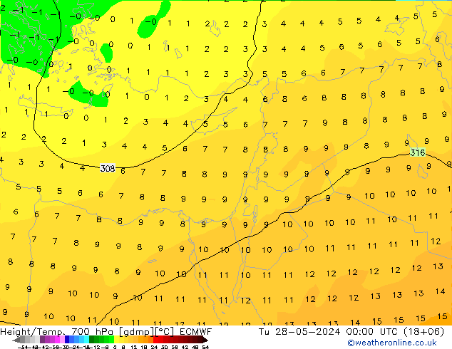 Height/Temp. 700 hPa ECMWF Tu 28.05.2024 00 UTC