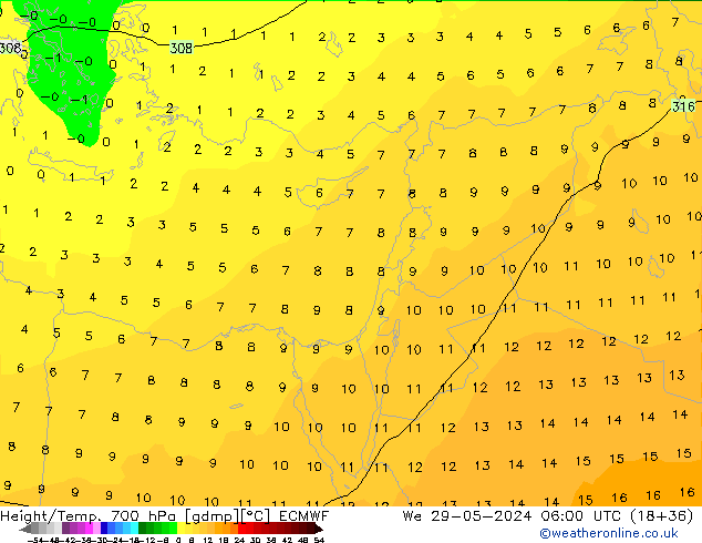 Hoogte/Temp. 700 hPa ECMWF wo 29.05.2024 06 UTC