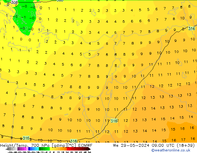 Height/Temp. 700 hPa ECMWF We 29.05.2024 09 UTC