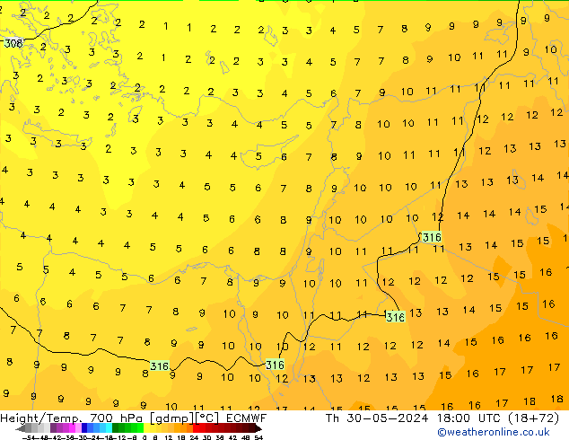 Géop./Temp. 700 hPa ECMWF jeu 30.05.2024 18 UTC