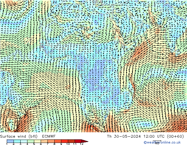 Vento 10 m (bft) ECMWF Qui 30.05.2024 12 UTC