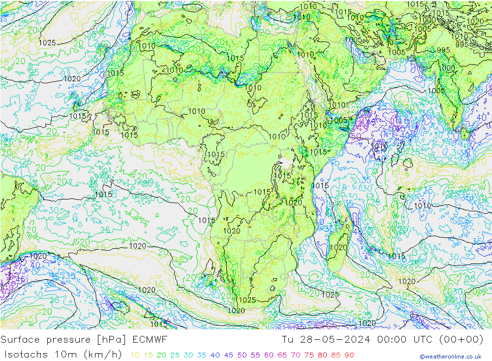 Isotaca (kph) ECMWF mar 28.05.2024 00 UTC