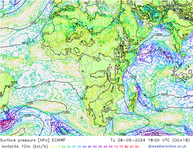 Isotachs (kph) ECMWF mar 28.05.2024 18 UTC