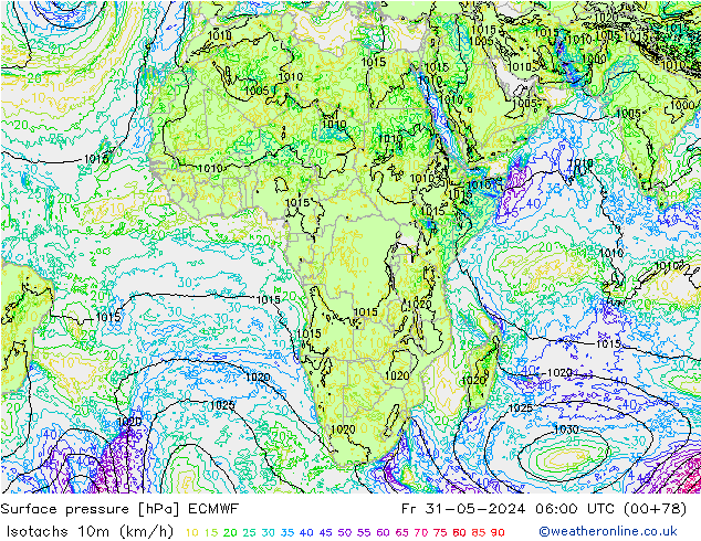 Isotachs (kph) ECMWF Fr 31.05.2024 06 UTC