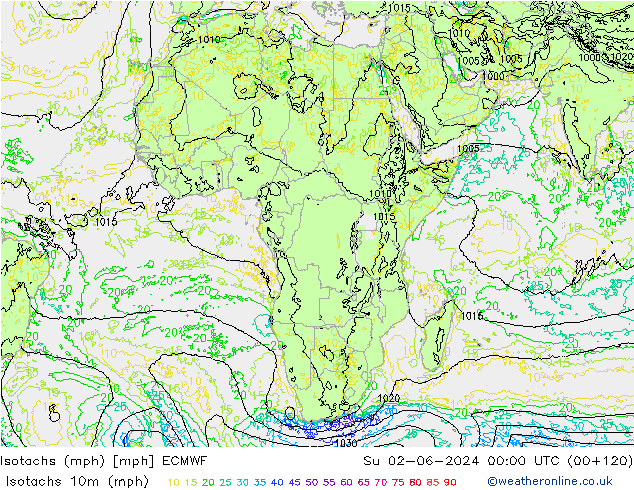 Isotachs (mph) ECMWF Dom 02.06.2024 00 UTC