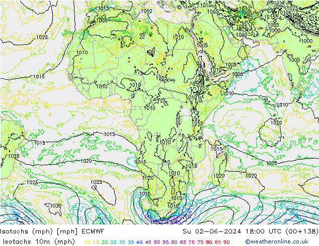 Isotachen (mph) ECMWF So 02.06.2024 18 UTC