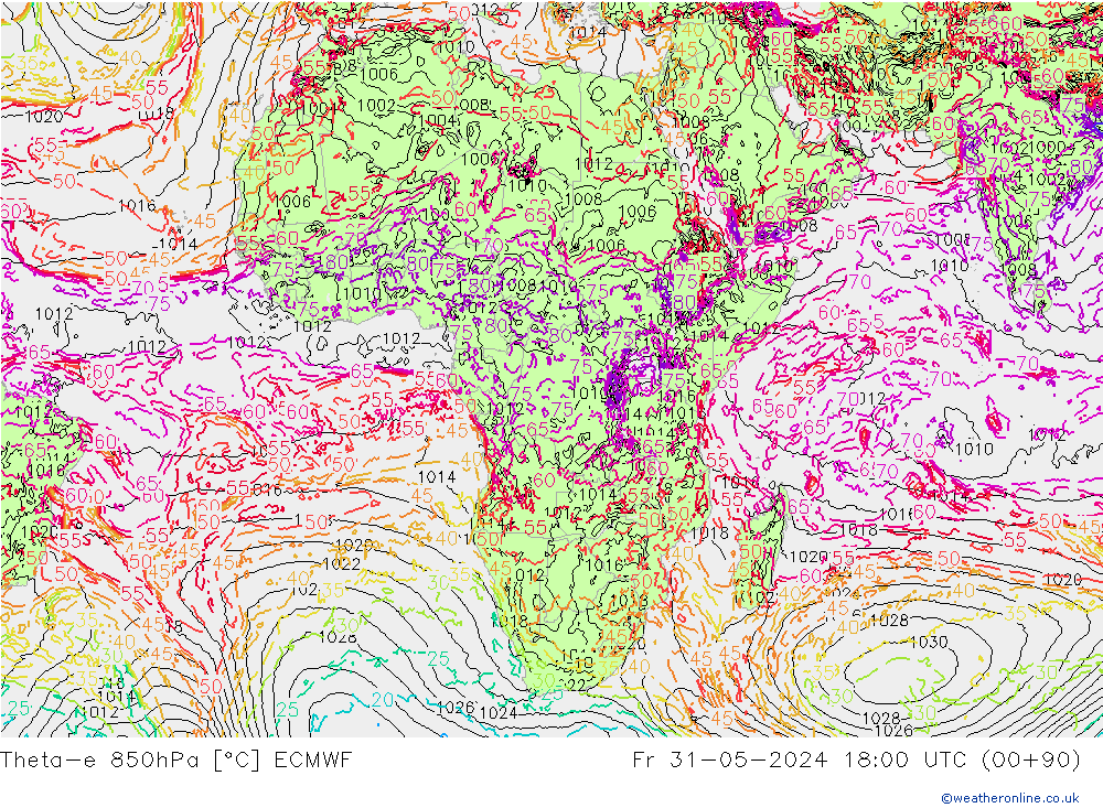 Theta-e 850гПа ECMWF пт 31.05.2024 18 UTC