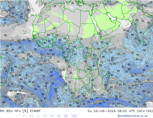 Humedad rel. 850hPa ECMWF dom 02.06.2024 06 UTC