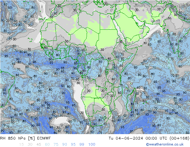 RH 850 hPa ECMWF Tu 04.06.2024 00 UTC