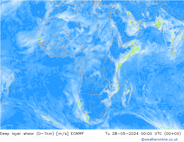 Deep layer shear (0-1km) ECMWF Tu 28.05.2024 00 UTC