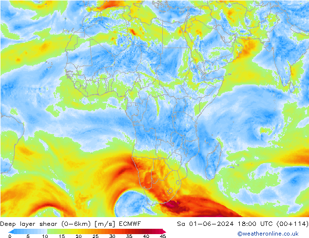 Deep layer shear (0-6km) ECMWF Sáb 01.06.2024 18 UTC