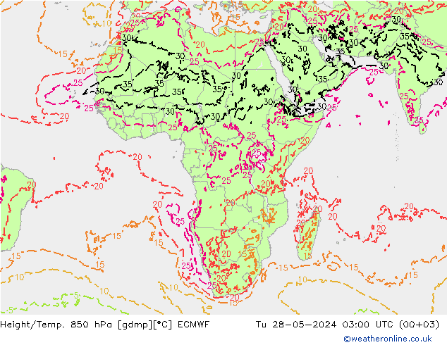 Height/Temp. 850 гПа ECMWF вт 28.05.2024 03 UTC
