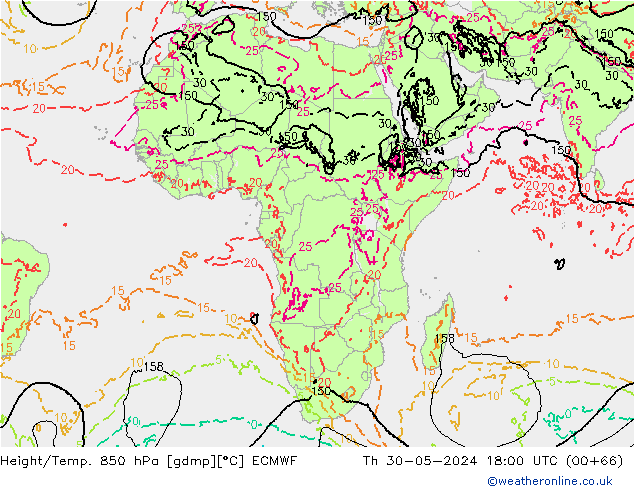 Geop./Temp. 850 hPa ECMWF jue 30.05.2024 18 UTC