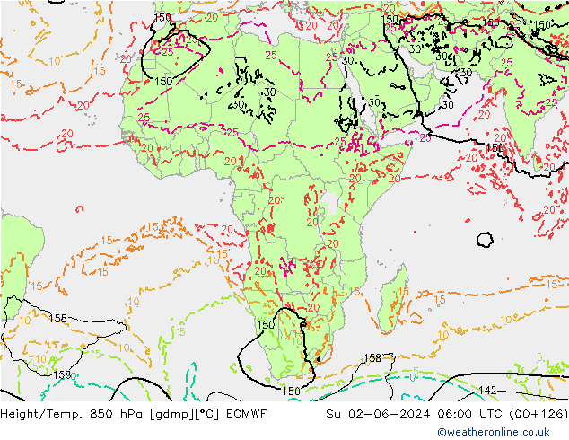Géop./Temp. 850 hPa ECMWF dim 02.06.2024 06 UTC