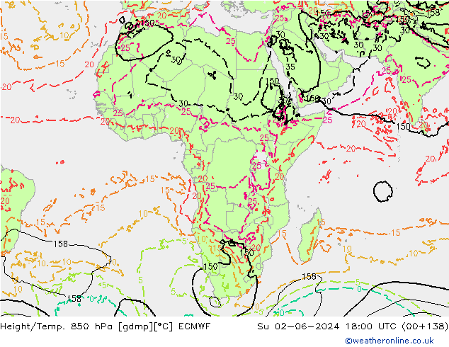 Z500/Yağmur (+YB)/Z850 ECMWF Paz 02.06.2024 18 UTC