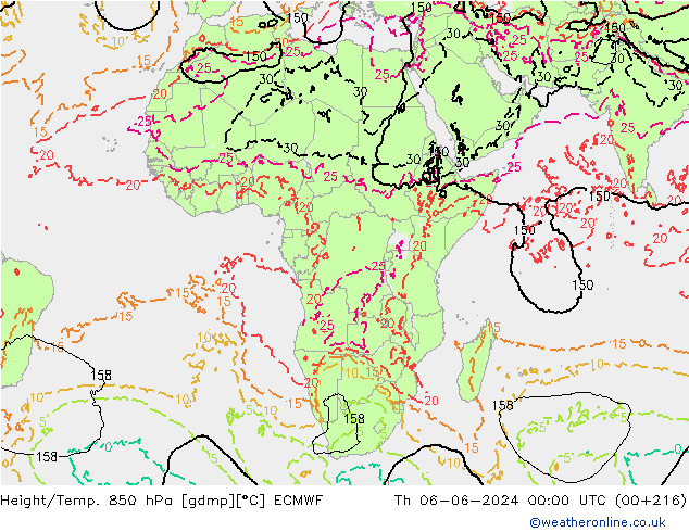 Geop./Temp. 850 hPa ECMWF jue 06.06.2024 00 UTC