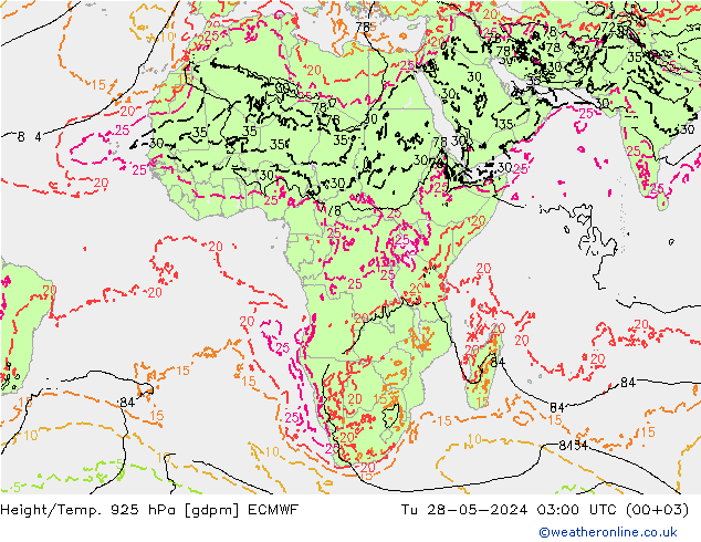Yükseklik/Sıc. 925 hPa ECMWF Sa 28.05.2024 03 UTC
