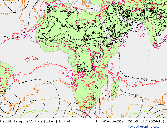 Height/Temp. 925 hPa ECMWF Th 30.05.2024 00 UTC