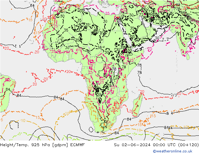 Height/Temp. 925 гПа ECMWF Вс 02.06.2024 00 UTC