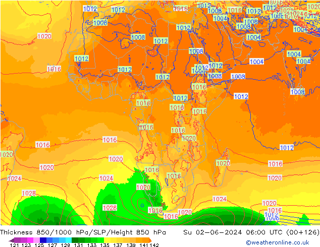 Espesor 850-1000 hPa ECMWF dom 02.06.2024 06 UTC