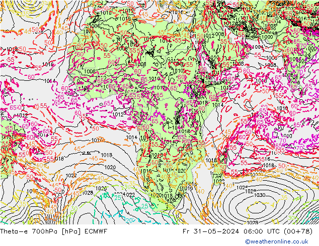 Theta-e 700hPa ECMWF  31.05.2024 06 UTC