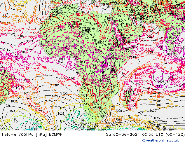 Theta-e 700hPa ECMWF Dom 02.06.2024 00 UTC