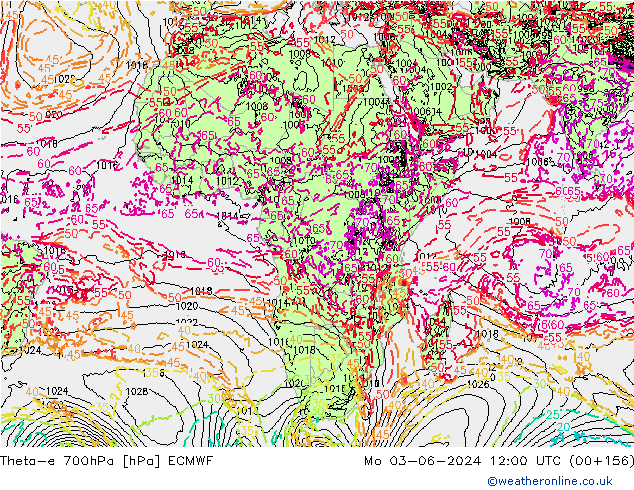 Theta-e 700hPa ECMWF Mo 03.06.2024 12 UTC