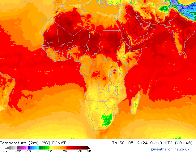 mapa temperatury (2m) ECMWF czw. 30.05.2024 00 UTC