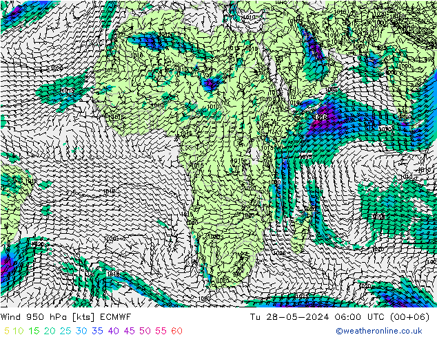 Prec 6h/Wind 10m/950 ECMWF Tu 28.05.2024 06 UTC