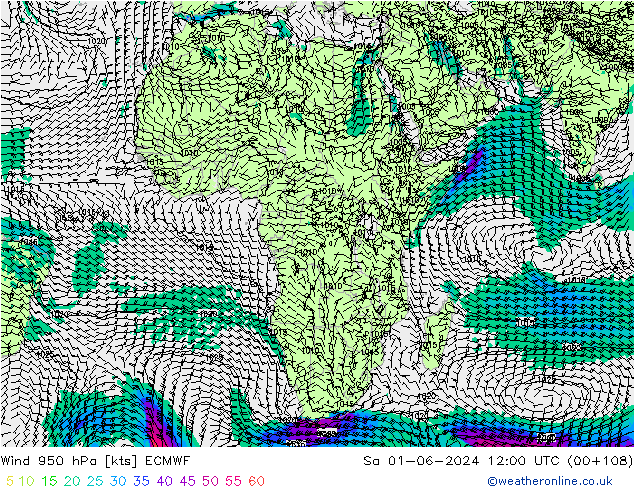 Vento 950 hPa ECMWF sab 01.06.2024 12 UTC